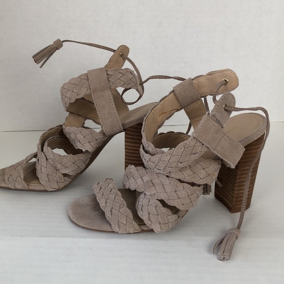 BCBG Sandals Taupe Suede Chunky Heels Size 6.5 Strappy - Picture 1 of 14